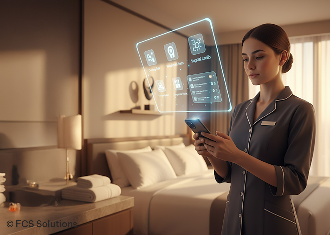 A housekeeper managing room tasks on the FCS1 mobile app. © FCS Solutions